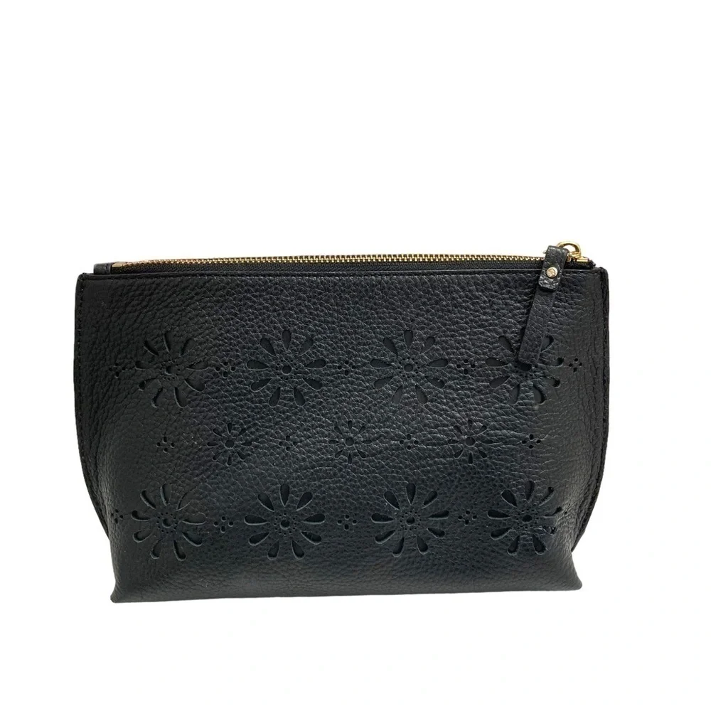 Kate spade black pebbled leather perforated clutch bag flowers floral